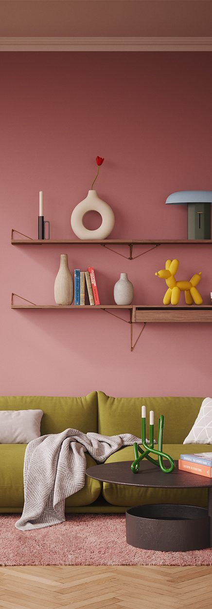 Pink living room with an olive sofa and wall shelves